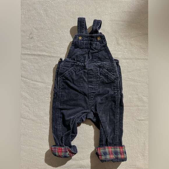 Old Navy blue thick width Corduroy red green plaid cuffed Overalls 12 mth - Picture 2 of 7